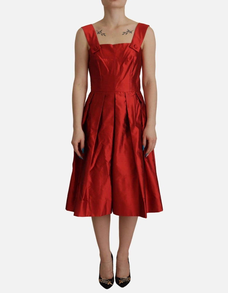 Red Silk Pleated Dress Sleeveless Square Neck Women Dresses