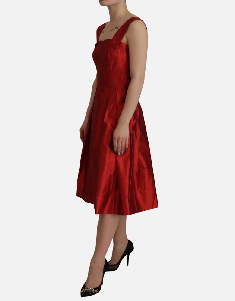 Red Silk Pleated Dress Sleeveless Square Neck Women Dresses