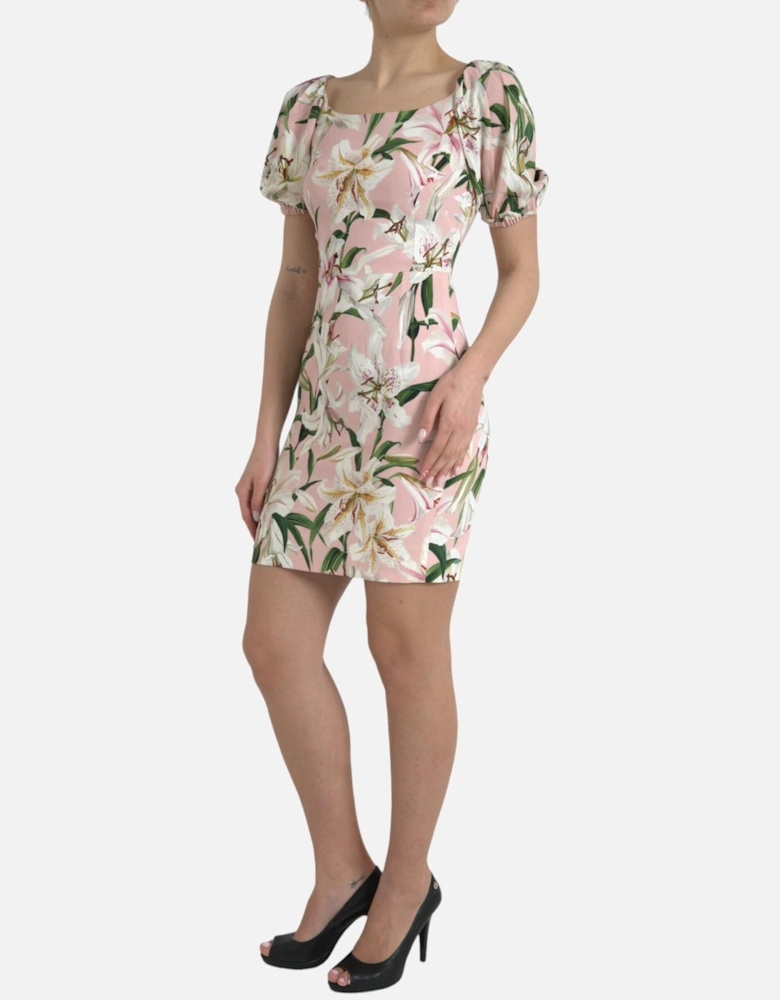 Square Neck Lily Print Sheath Dress Women - Pink Dresses