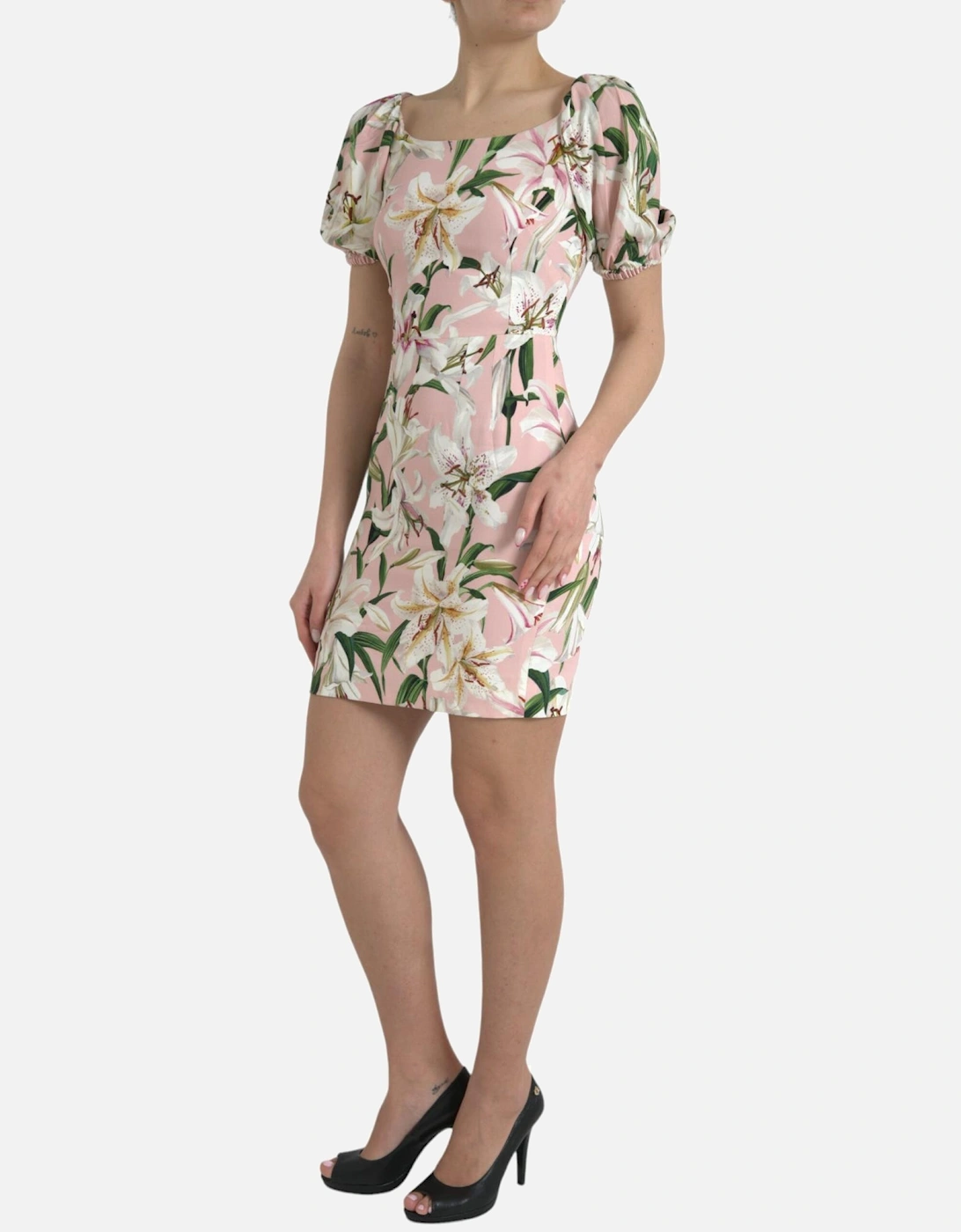 Square Neck Lily Print Sheath Dress Women - Pink Dresses