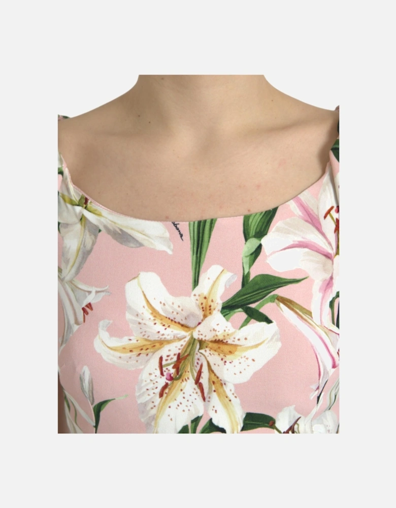 Square Neck Lily Print Sheath Dress Women - Pink Dresses