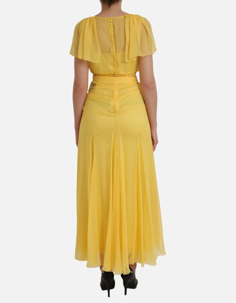 Sheer Yellow Silk Maxi Dress with Zipper Closure and Logo Details