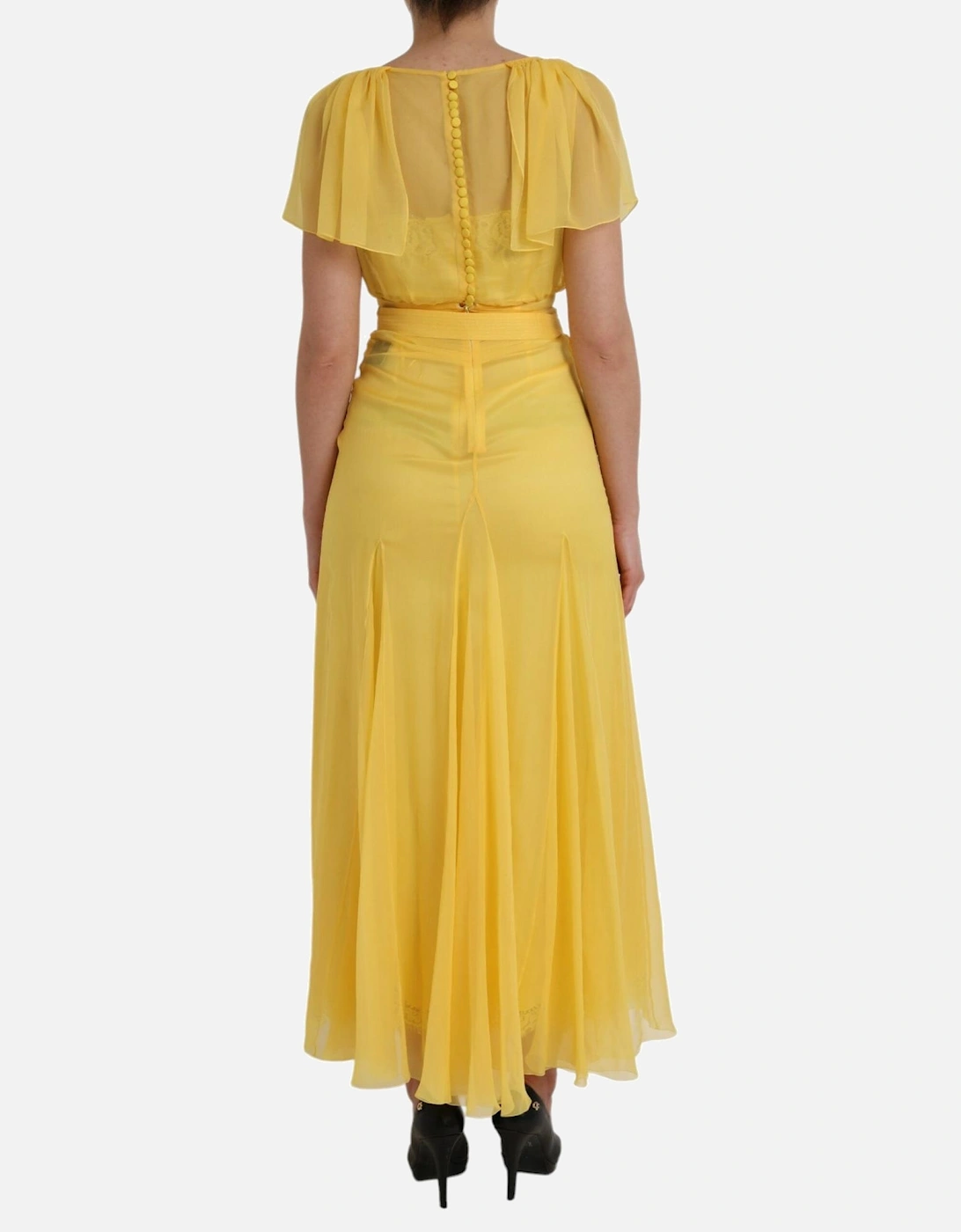 Sheer Yellow Silk Maxi Dress with Zipper Closure and Logo Details