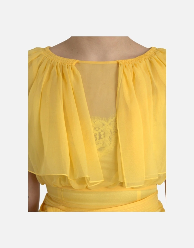 Sheer Yellow Silk Maxi Dress with Zipper Closure and Logo Details