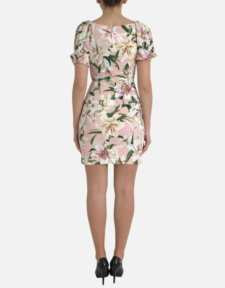 Square Neck Lily Print Sheath Dress Women - Pink Dresses