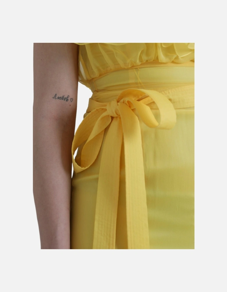 Sheer Yellow Silk Maxi Dress with Zipper Closure and Logo Details