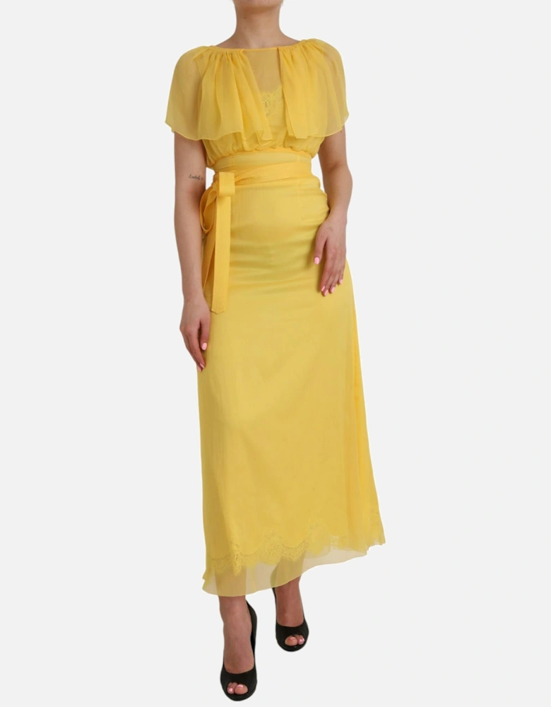 Sheer Yellow Silk Maxi Dress with Zipper Closure and Logo Details
