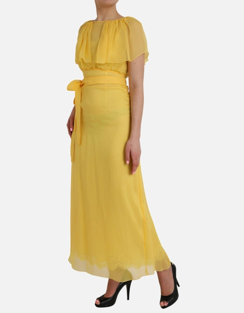 Sheer Yellow Silk Maxi Dress with Zipper Closure and Logo Details