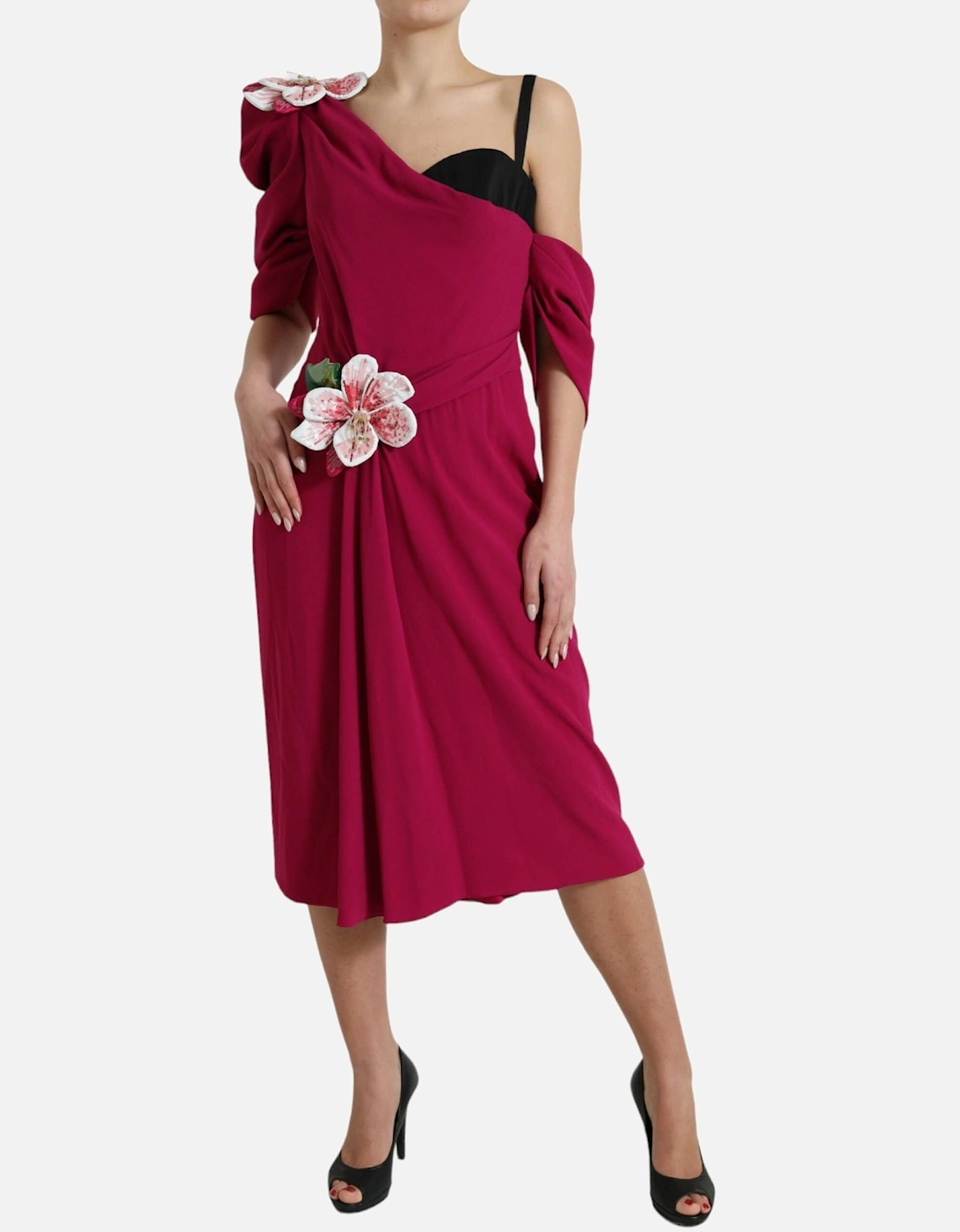 One Shoulder Silk Midi Dress with Flower Appliques Women - Purple, 7 of 6