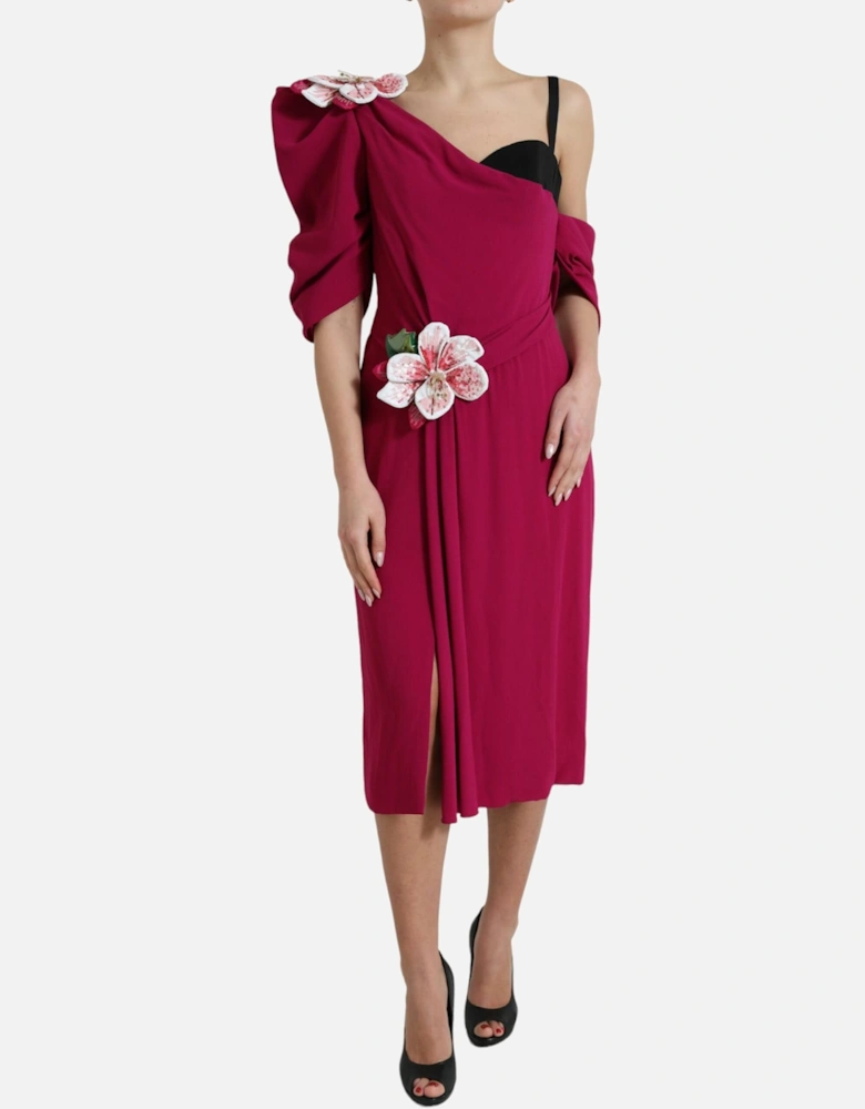One Shoulder Silk Midi Dress with Flower Appliques Women - Purple