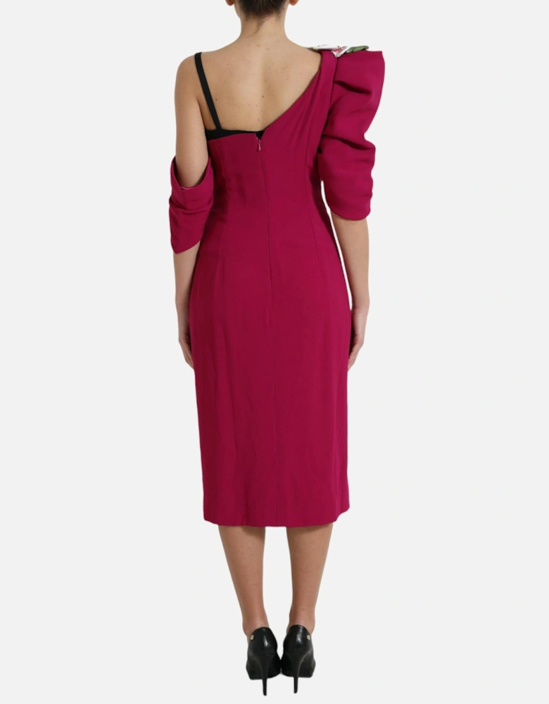 One Shoulder Silk Midi Dress with Flower Appliques Women - Purple