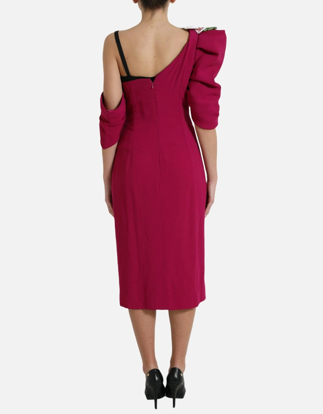 One Shoulder Silk Midi Dress with Flower Appliques Women - Purple