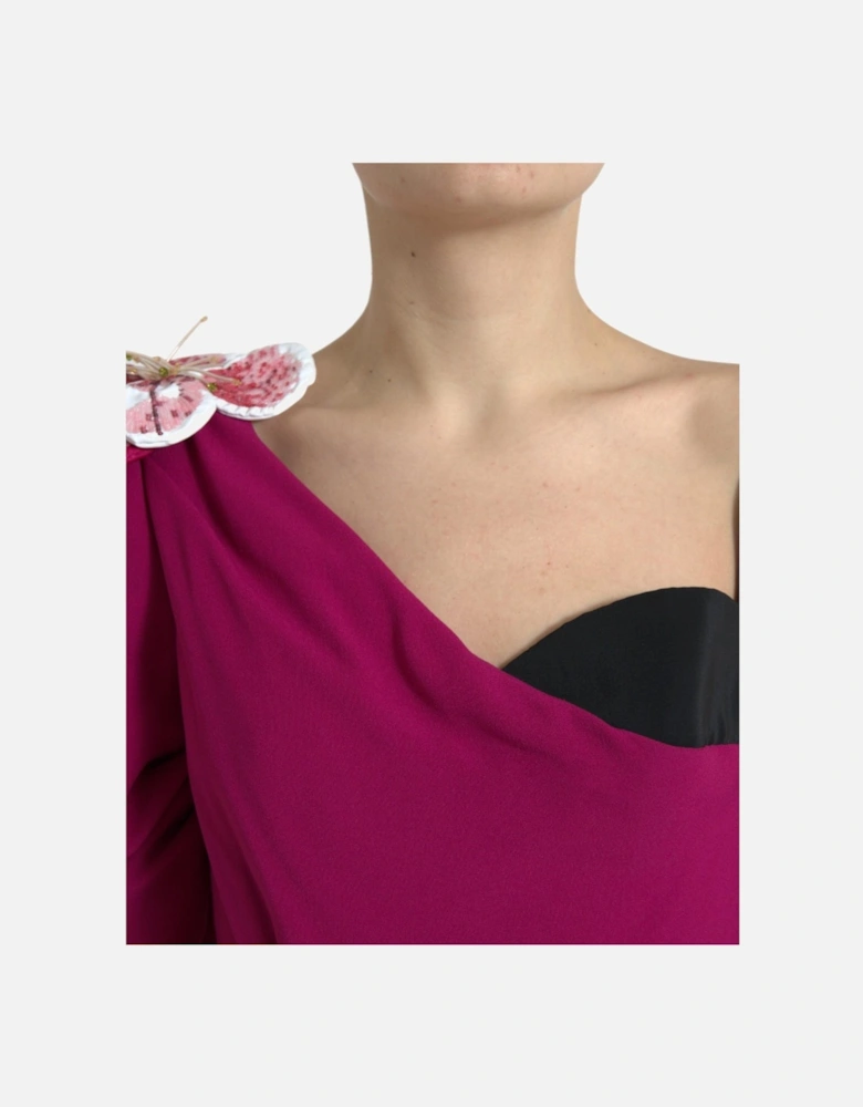 One Shoulder Silk Midi Dress with Flower Appliques Women - Purple