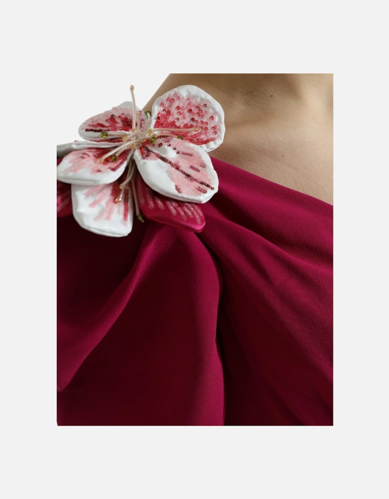 One Shoulder Silk Midi Dress with Flower Appliques Women - Purple