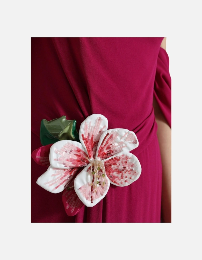 One Shoulder Silk Midi Dress with Flower Appliques Women - Purple