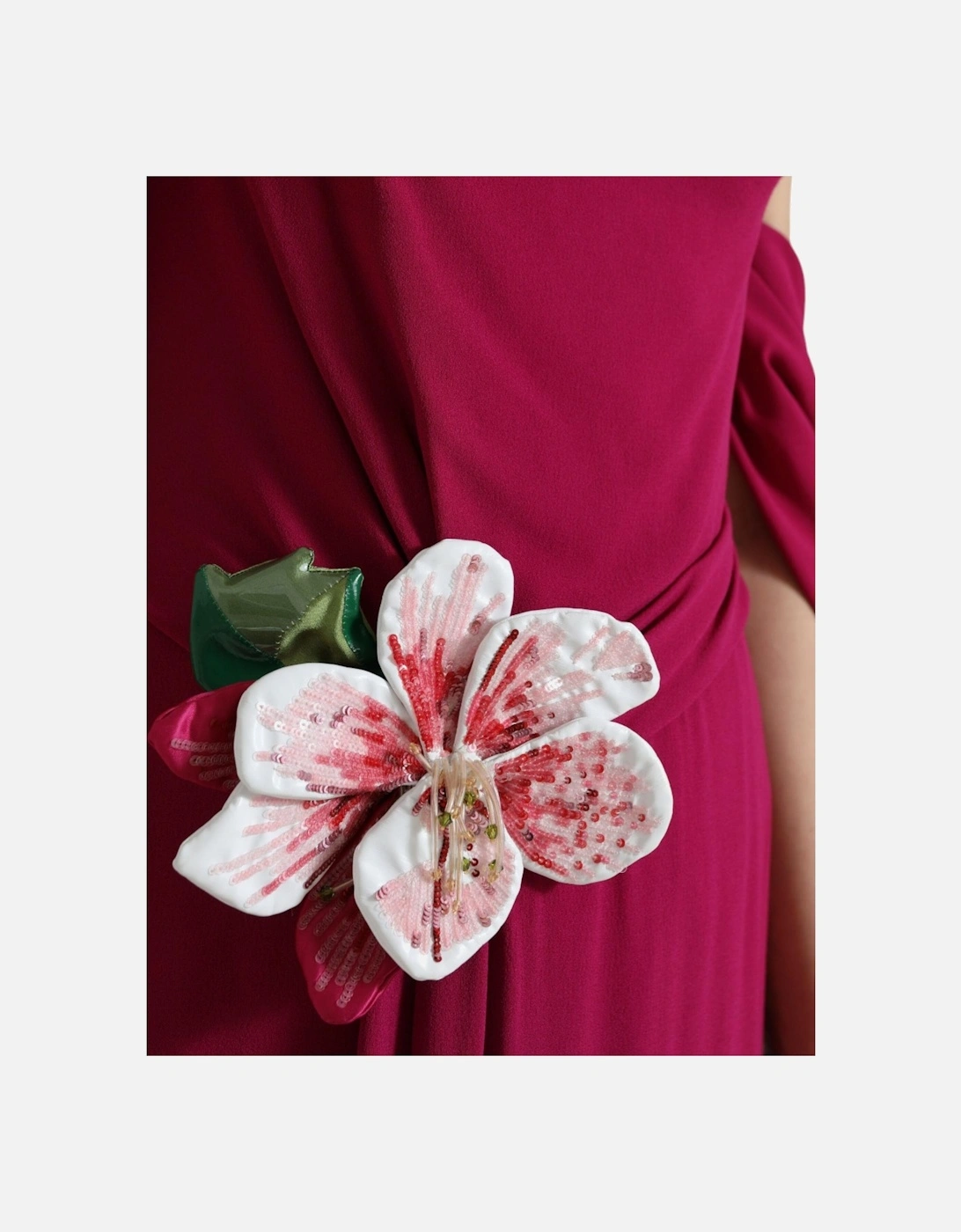 One Shoulder Silk Midi Dress with Flower Appliques Women - Purple