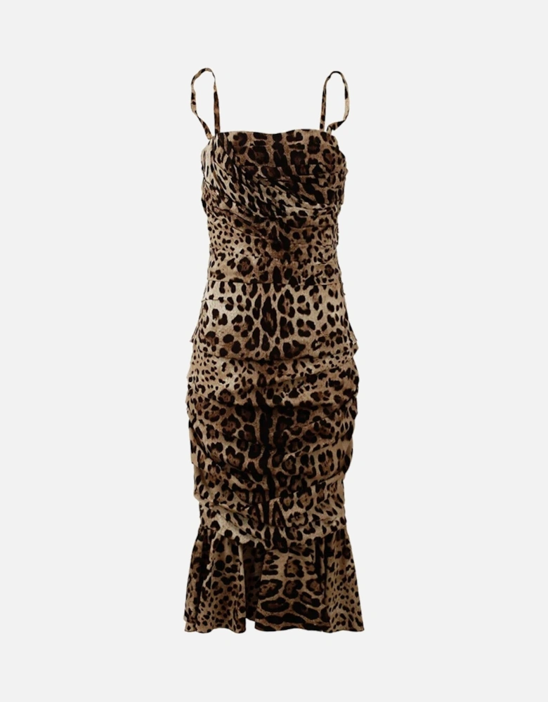 Leopard Print Ruched Midi Dress Women - Brown Dresses