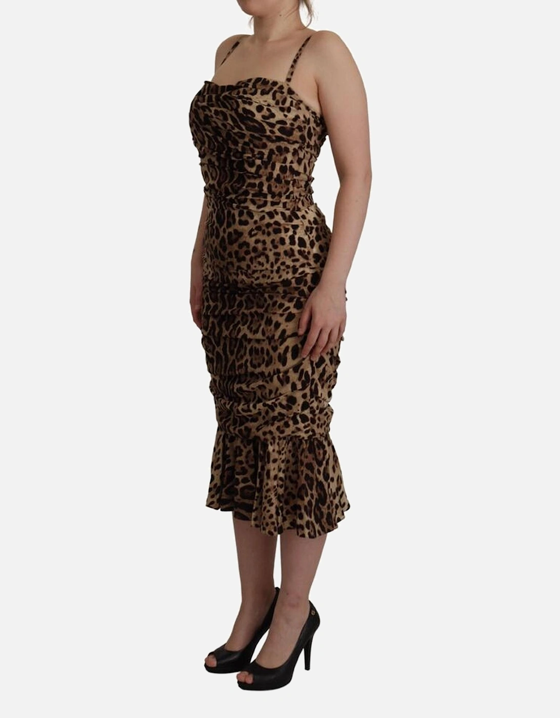 Leopard Print Ruched Midi Dress Women - Brown Dresses