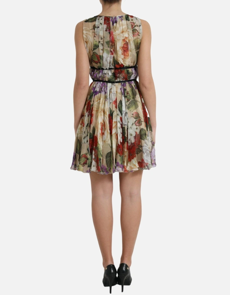 Floral Print Silk Chiffon Mini Dress with Zipper Closure Women - Beige