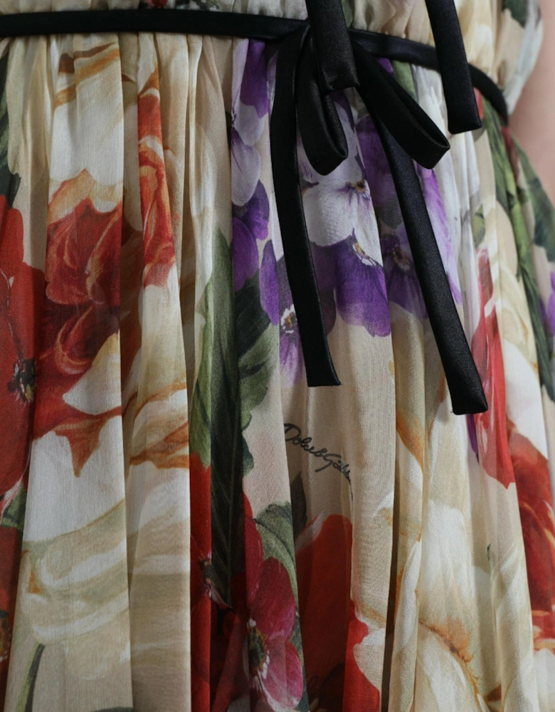 Floral Print Silk Chiffon Mini Dress with Zipper Closure Women - Beige