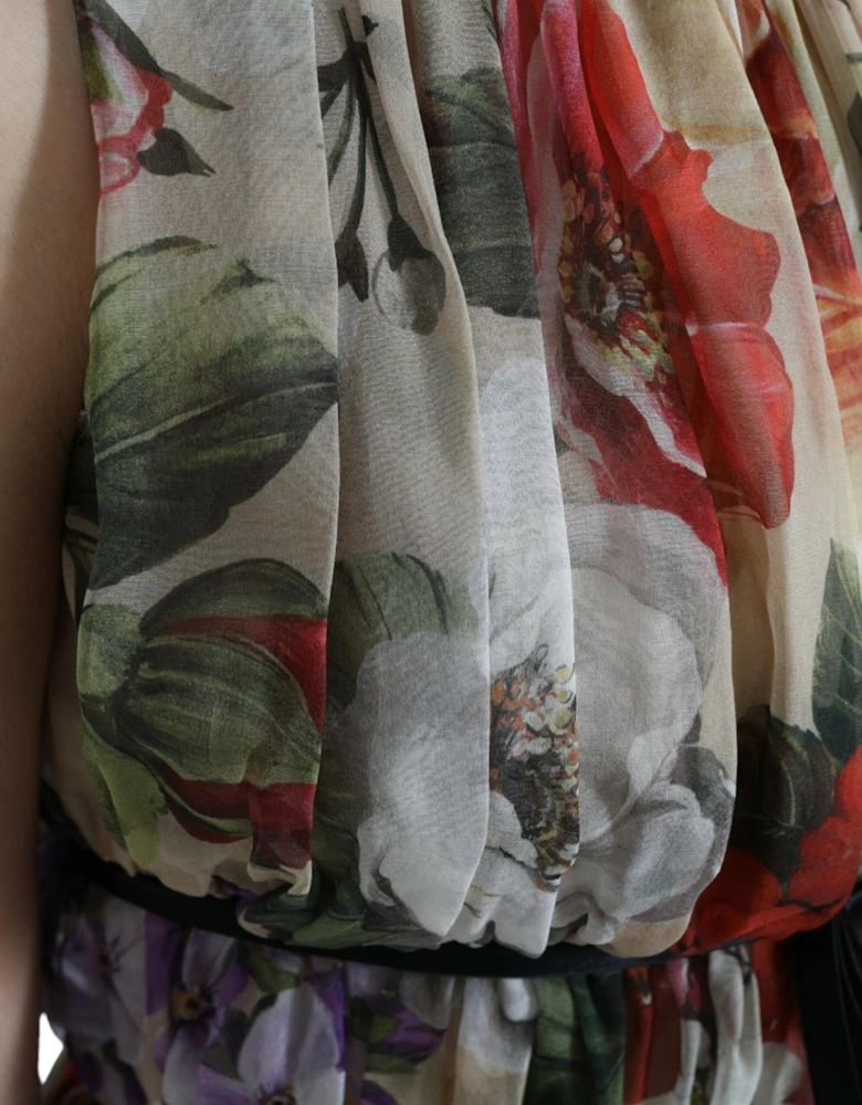 Floral Print Silk Chiffon Mini Dress with Zipper Closure Women - Beige