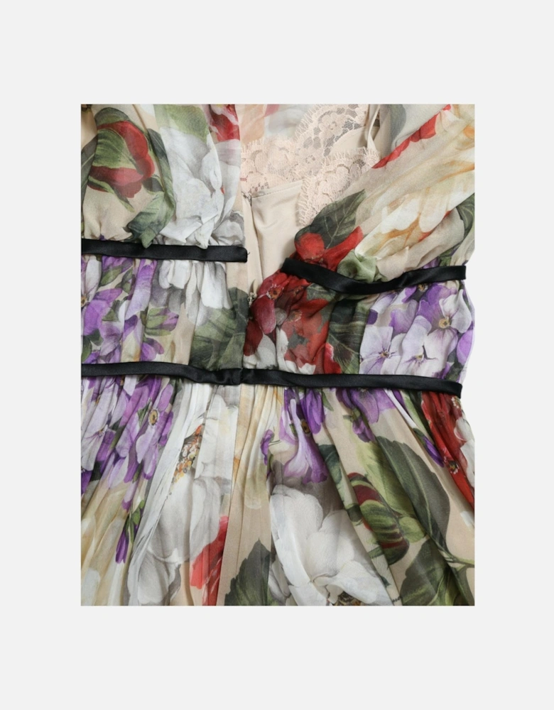 Floral Print Silk Chiffon Mini Dress with Zipper Closure Women - Beige