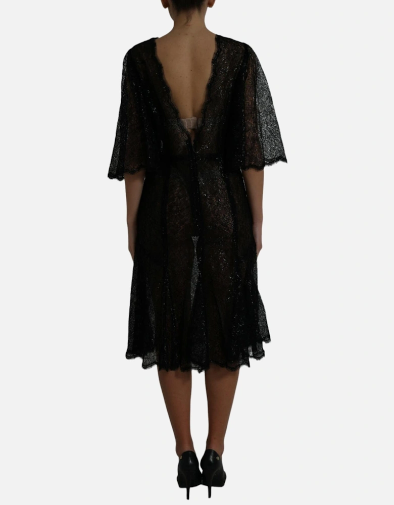 Short Sleeved Floral Lace Midi Dress with Zipper Closure and Logo