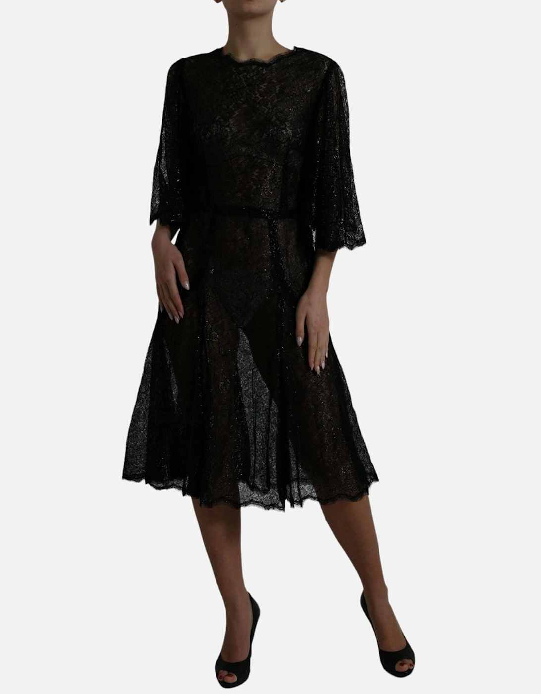 Short Sleeved Floral Lace Midi Dress with Zipper Closure and Logo