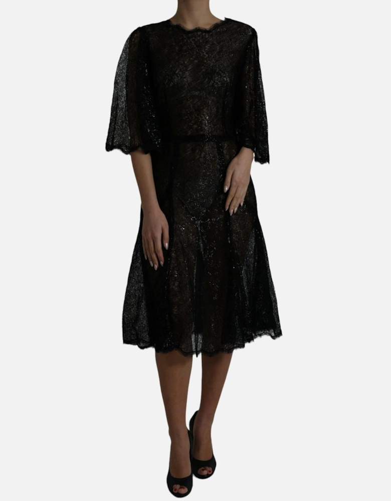 Short Sleeved Floral Lace Midi Dress with Zipper Closure and Logo