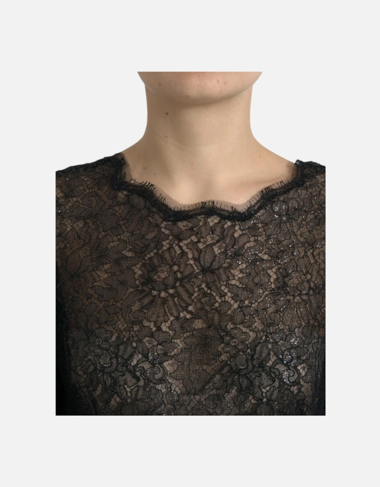 Short Sleeved Floral Lace Midi Dress with Zipper Closure and Logo