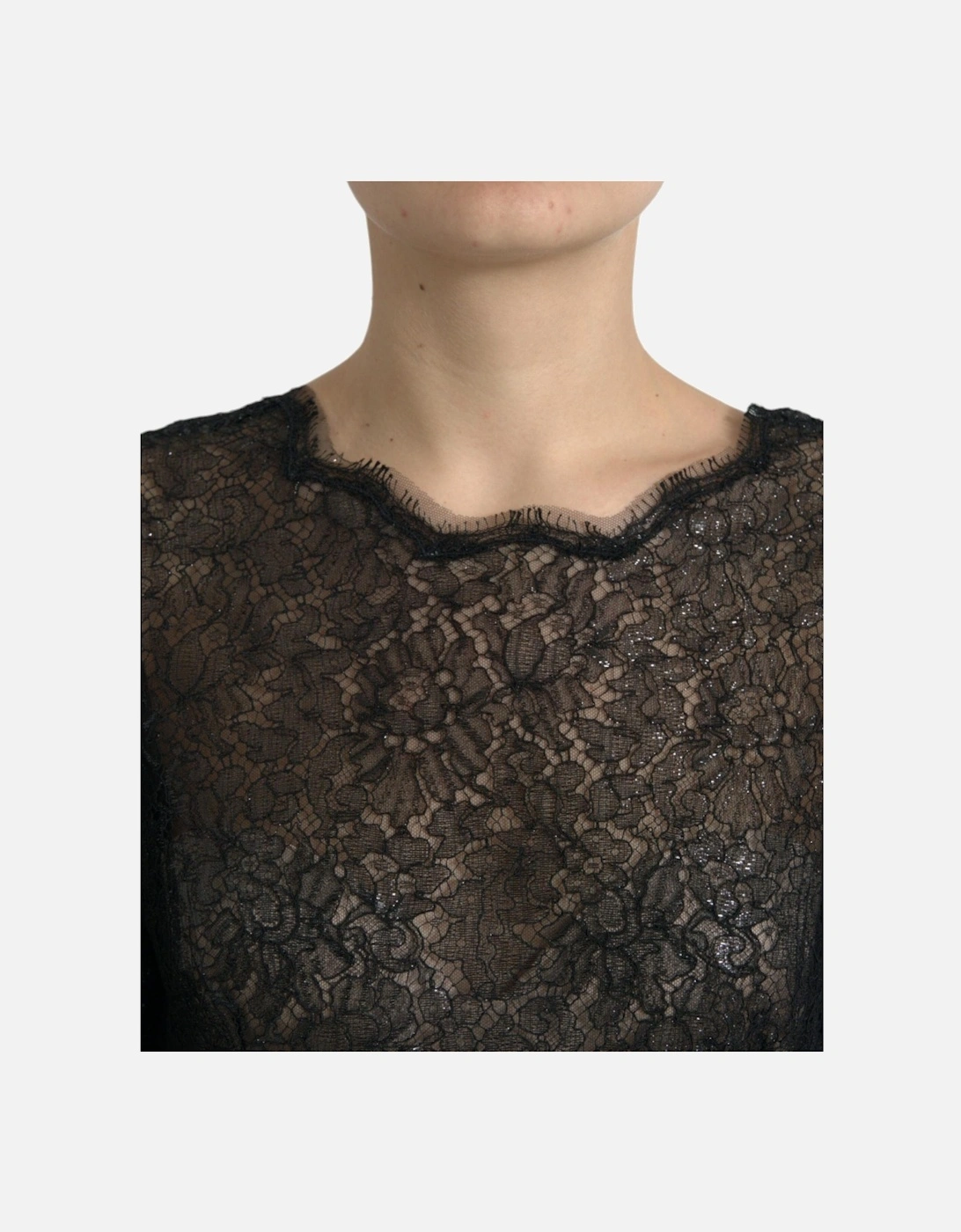 Short Sleeved Floral Lace Midi Dress with Zipper Closure and Logo