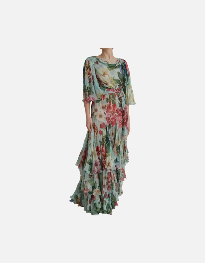 Silk Floral Maxi Dress with Back Zipper Closure Women - Floral Print
