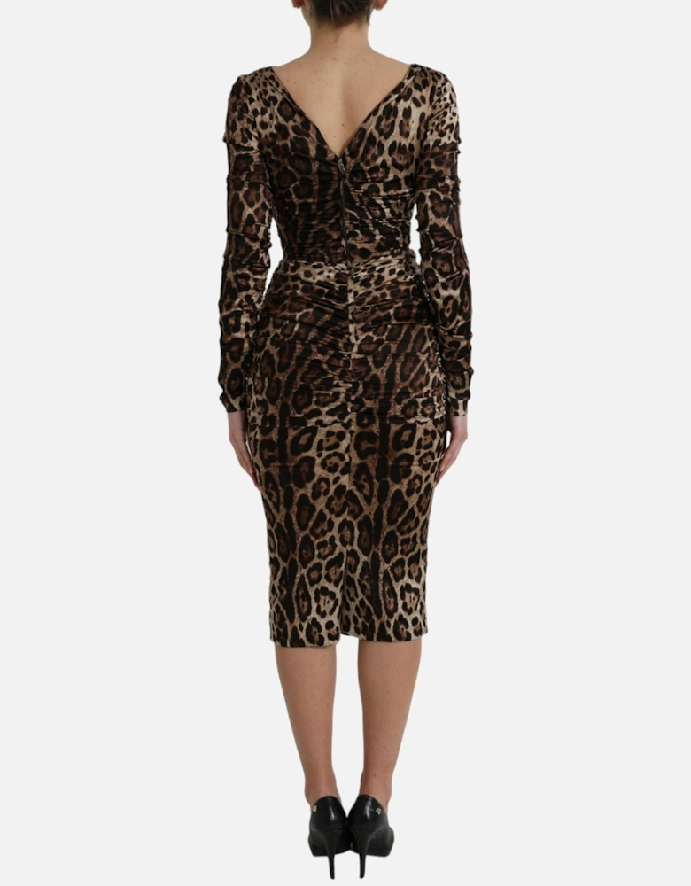 Leopard Print Silk Blend Midi Dress with Long Sleeves Women Dresses