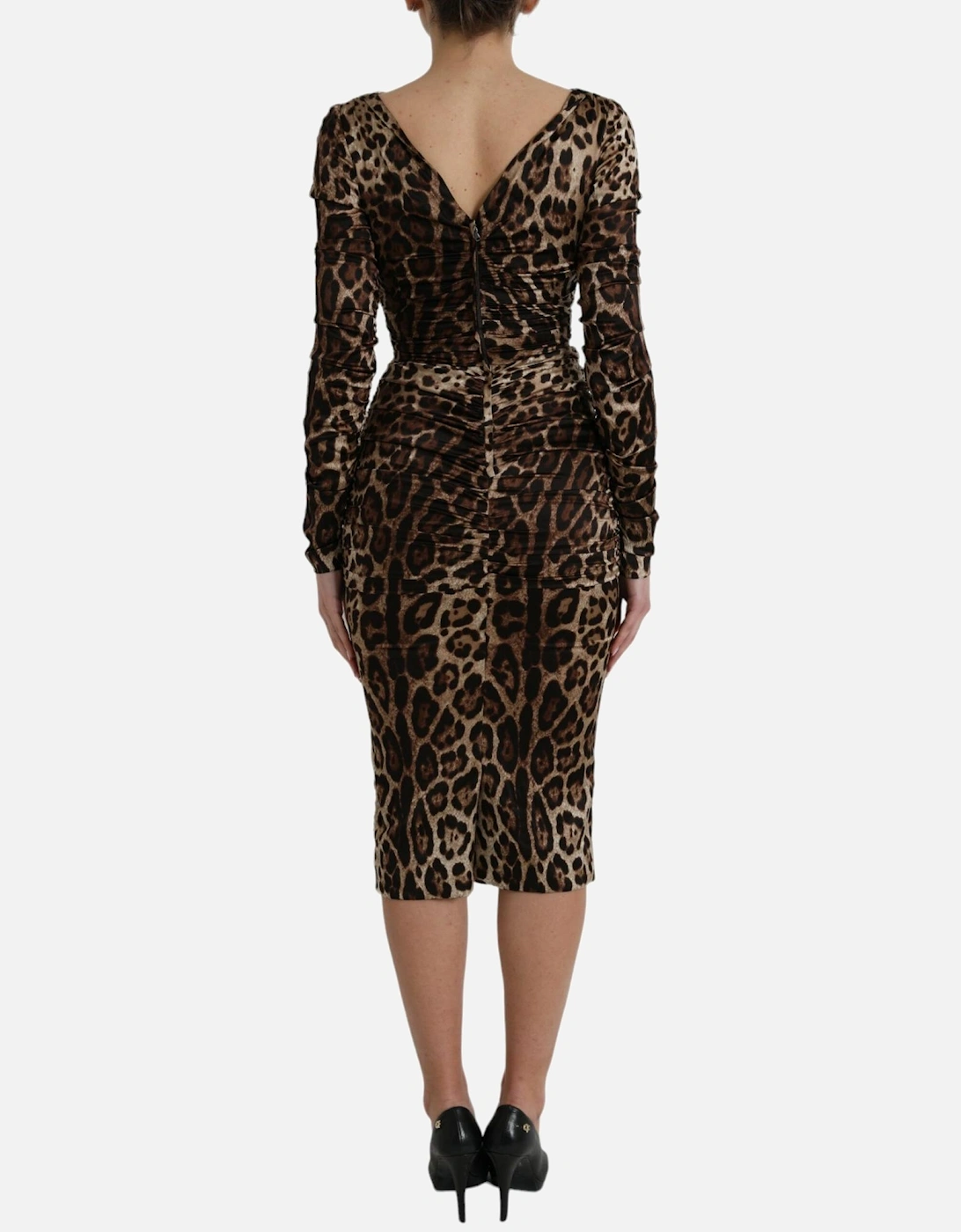 Leopard Print Silk Blend Midi Dress with Long Sleeves Women Dresses