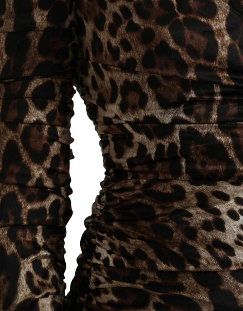 Leopard Print Silk Blend Midi Dress with Long Sleeves Women Dresses