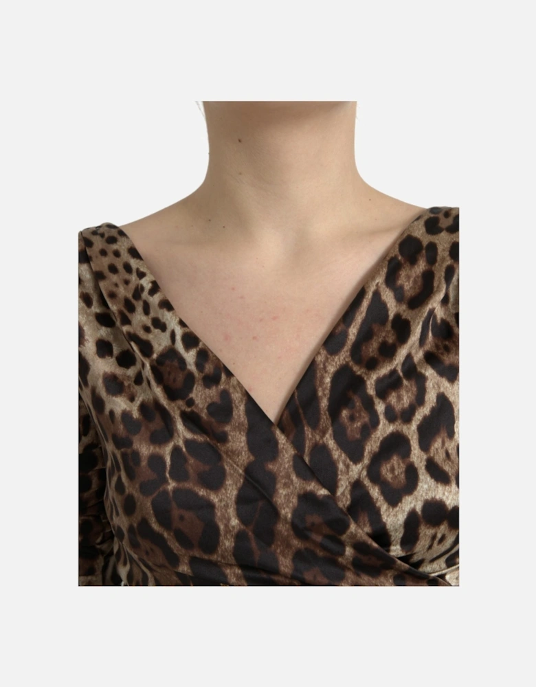 Leopard Print Silk Blend Midi Dress with Long Sleeves Women Dresses
