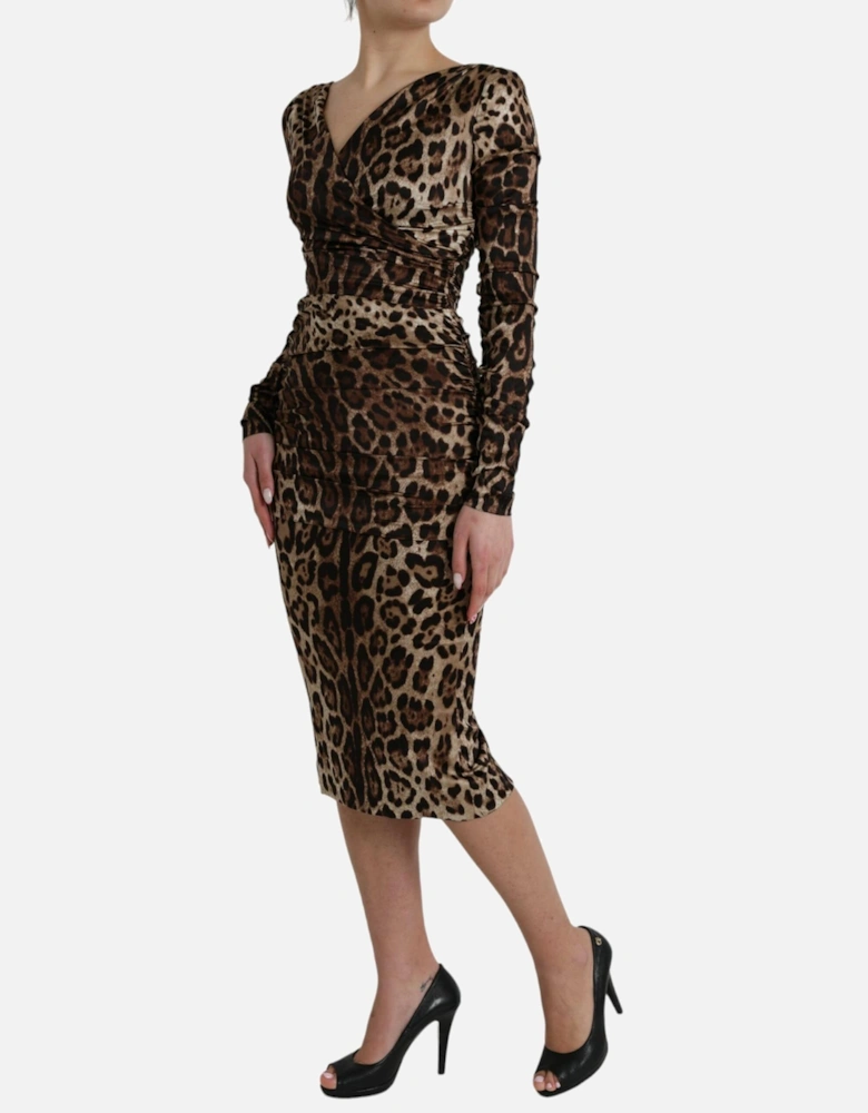 Leopard Print Silk Blend Midi Dress with Long Sleeves Women Dresses