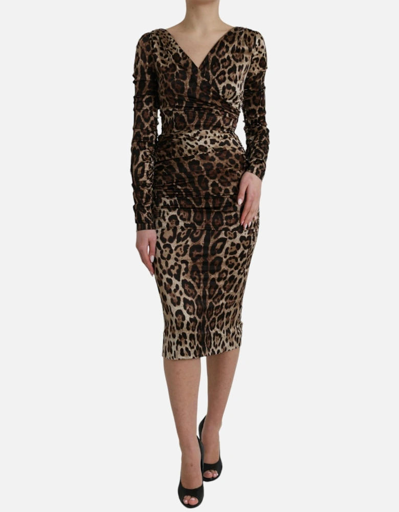 Leopard Print Silk Blend Midi Dress with Long Sleeves Women Dresses