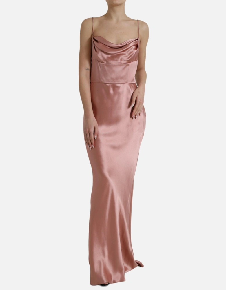 Long Silk Dress with Sensual Neckline and Zipper Closure. Women - Pink