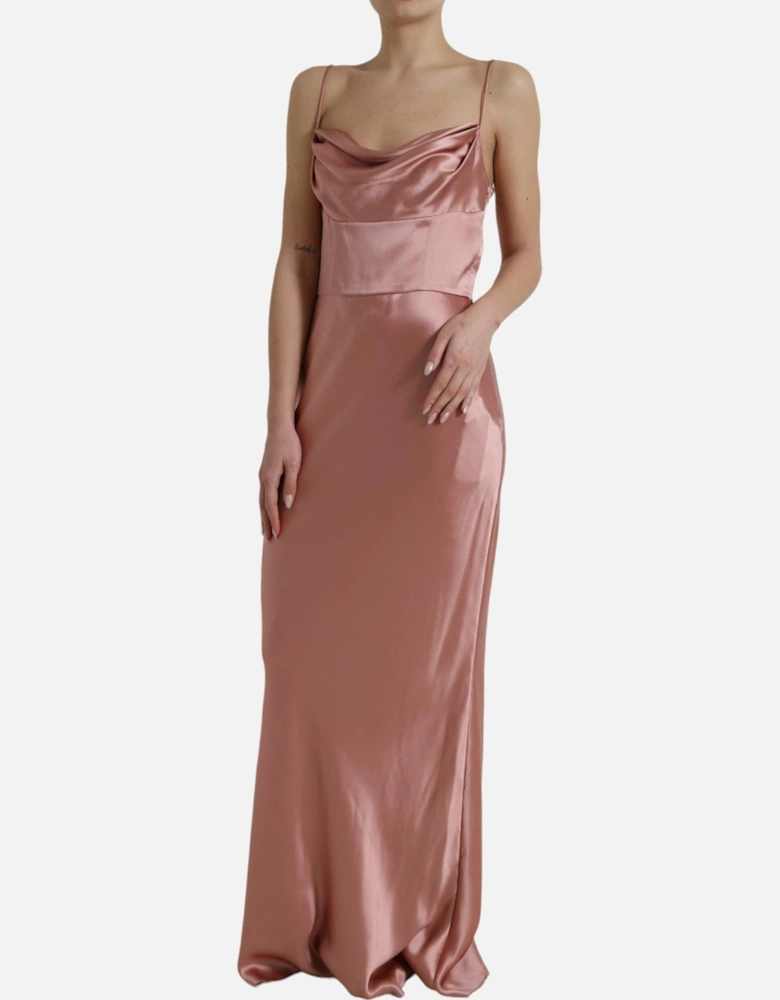 Long Silk Dress with Sensual Neckline and Zipper Closure. Women - Pink