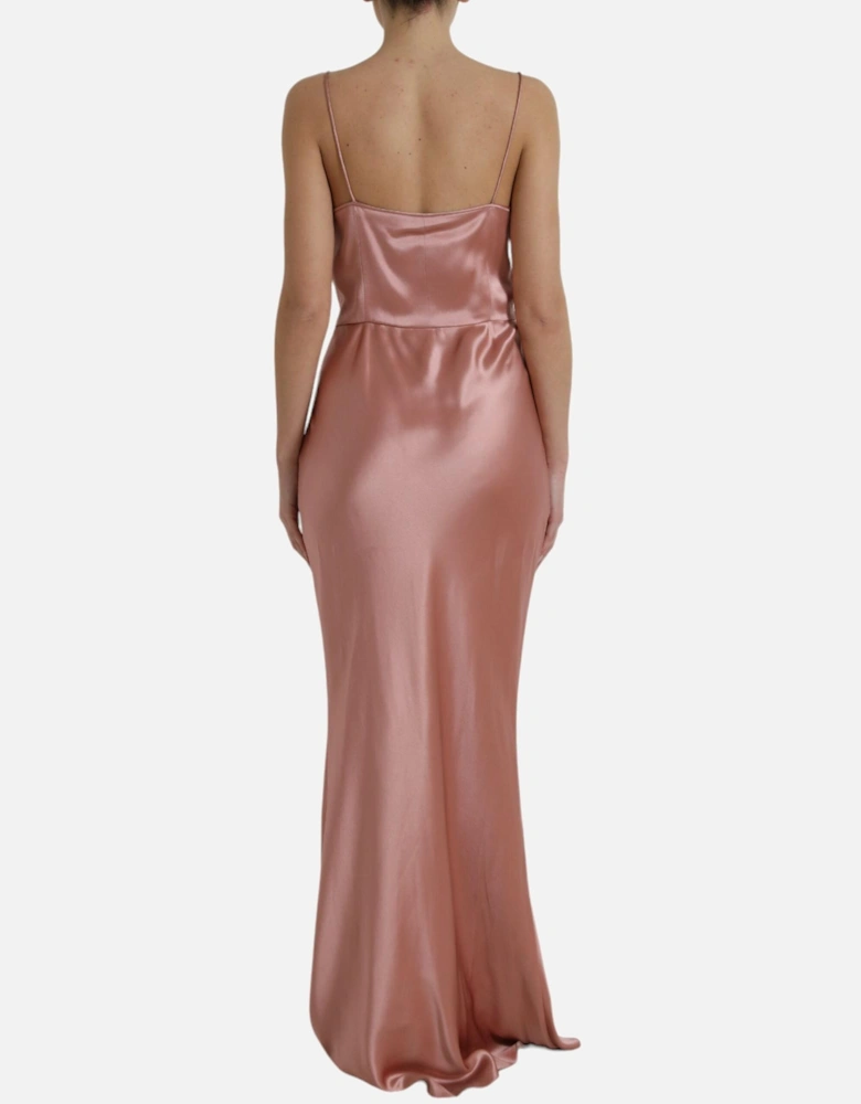 Long Silk Dress with Sensual Neckline and Zipper Closure. Women - Pink