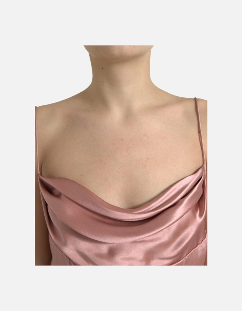 Long Silk Dress with Sensual Neckline and Zipper Closure. Women - Pink