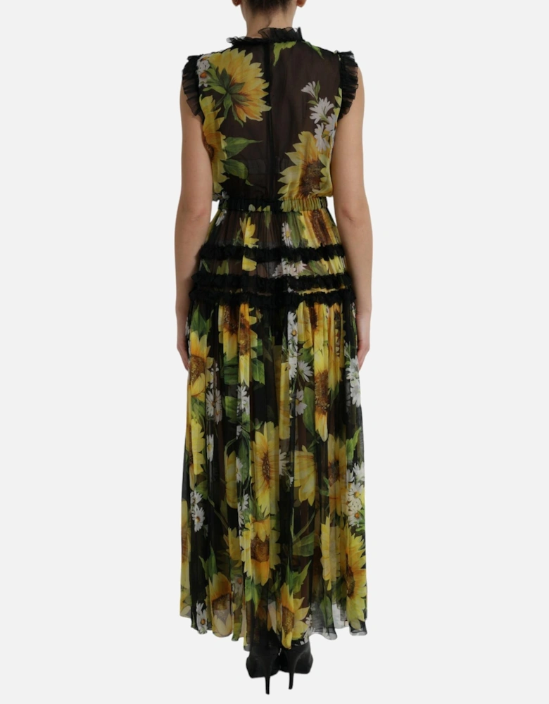 Sunflower Print Silk Maxi Dress with Zipper Closure Women - Black