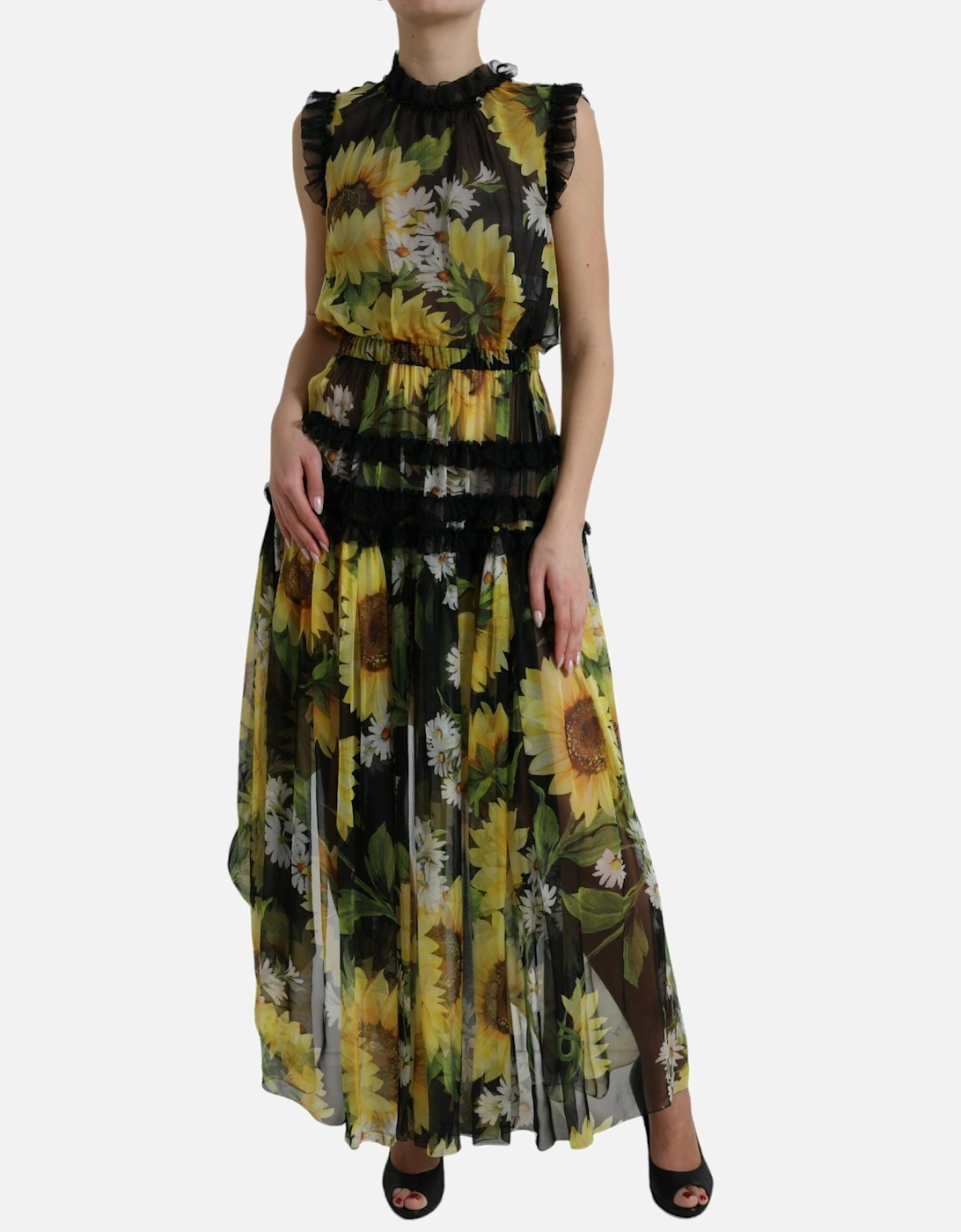 Sunflower Print Silk Maxi Dress with Zipper Closure Women - Black