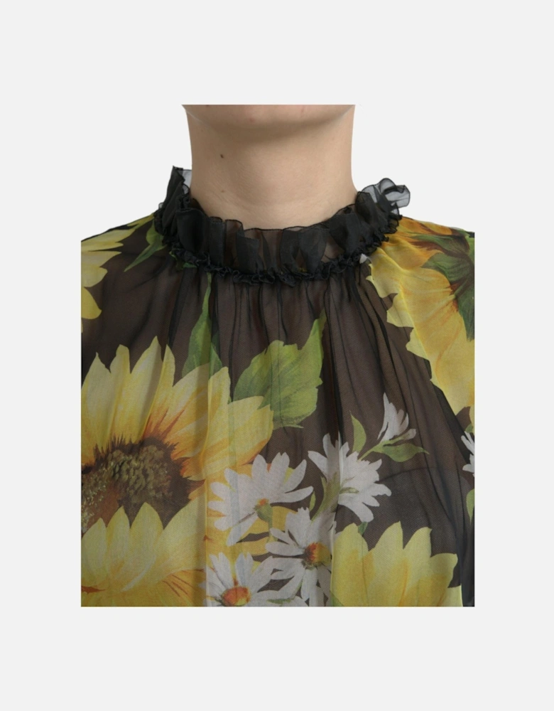 Sunflower Print Silk Maxi Dress with Zipper Closure Women - Black