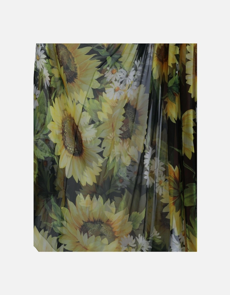 Sunflower Print Silk Maxi Dress with Zipper Closure Women - Black