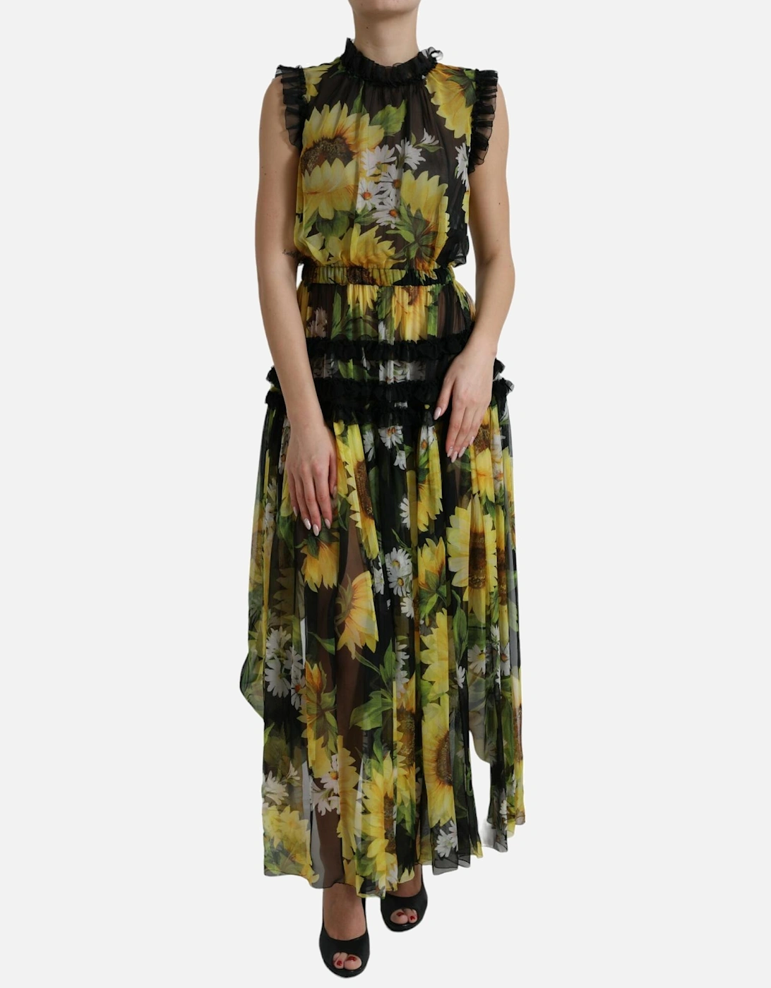 Sunflower Print Silk Maxi Dress with Zipper Closure Women - Black, 7 of 6
