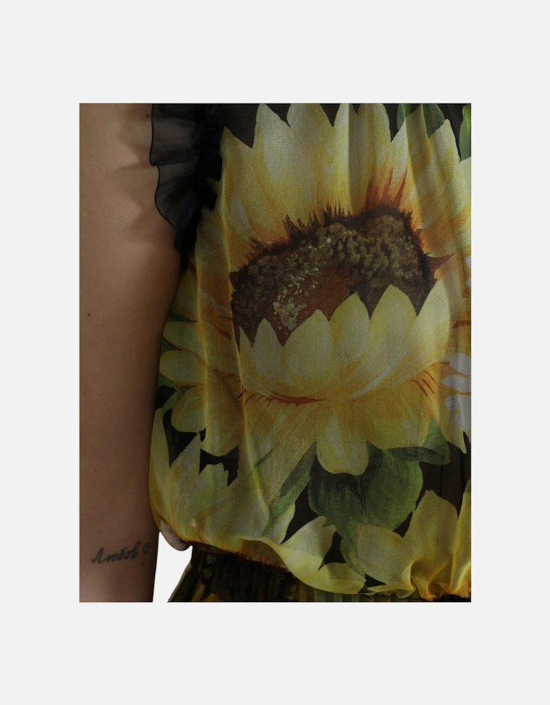 Sunflower Print Silk Maxi Dress with Zipper Closure Women - Black