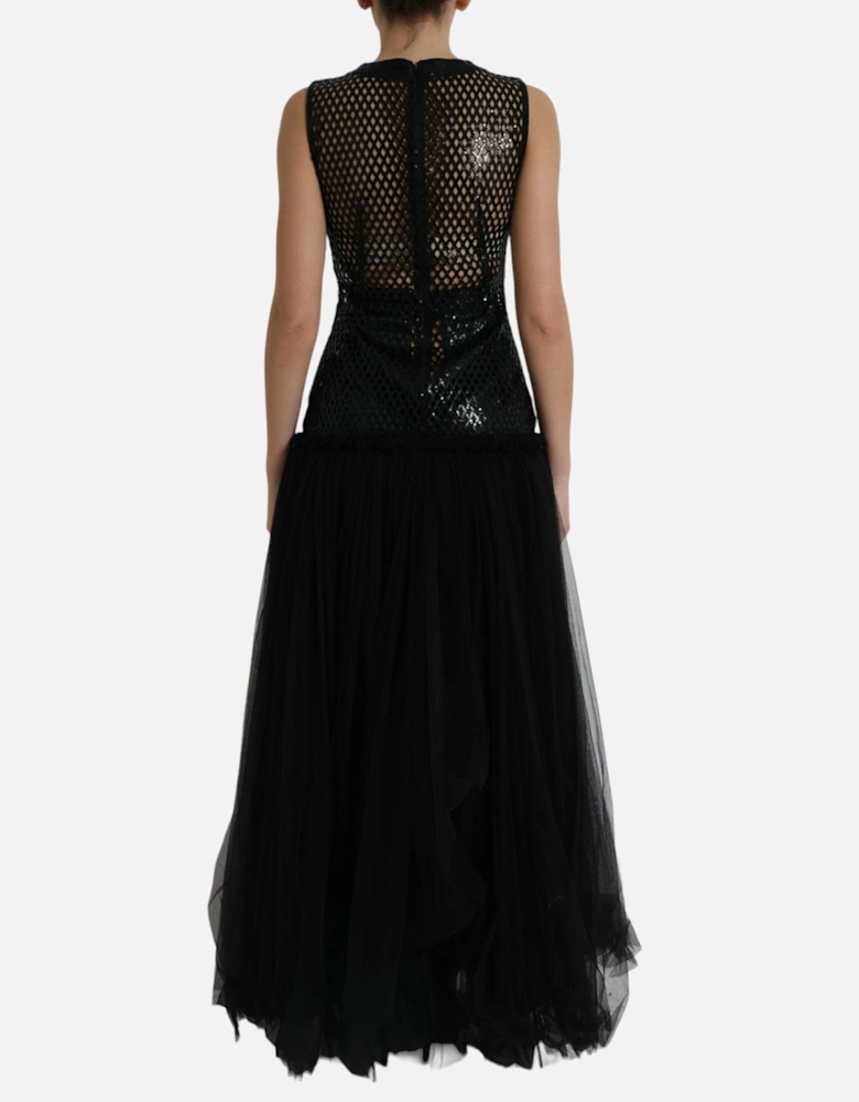 Embellished Mesh Bodice Evening Dress with Tulle Hem Women - Black