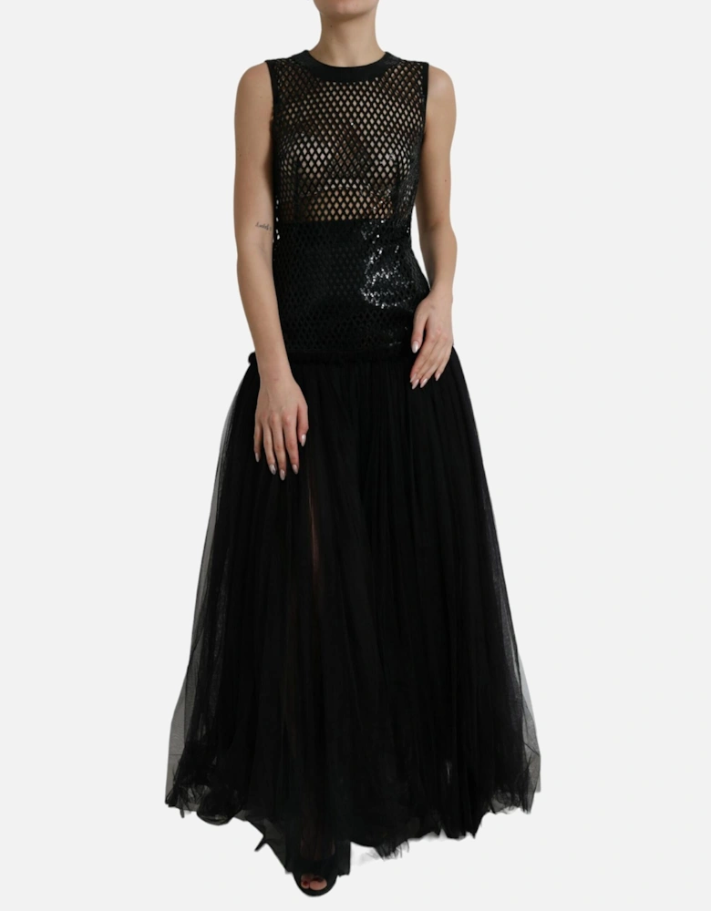 Embellished Mesh Bodice Evening Dress with Tulle Hem Women - Black